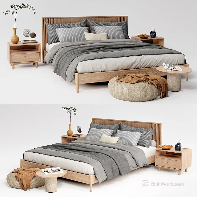 Modern Wooden Double Bed With Gray Blanket Multiple Pillows Nightstands And Woven Ottoman 3d model 