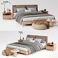 Modern Wooden Double Bed With Gray Blanket Multiple Pillows Nightstands And Woven Ottoman