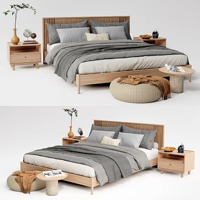 Modern Wooden Double Bed With Gray Blanket Multiple Pillows Nightstands And Woven Ottoman 3d model