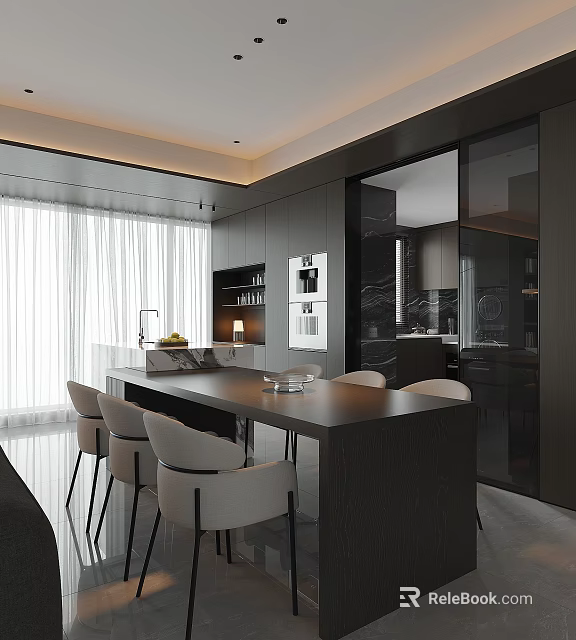 Modern Restaurant Interior Featuring Dark Dining Table White Chairs Cabinets And Large Windows 3d model