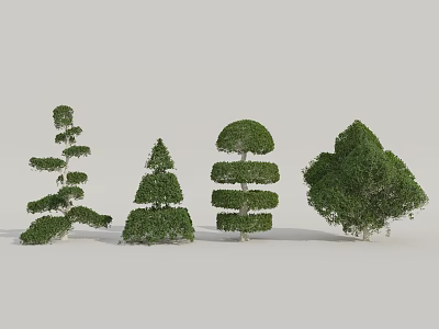 Artistically Shaped Pruned Trees with Diverse Green Foliage and Unique Forms 3d model