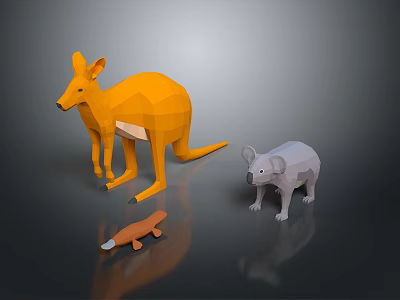 Low Poly Animal Models Featuring Orange Kangaroo Gray Koala And Brown Platypus 3d model