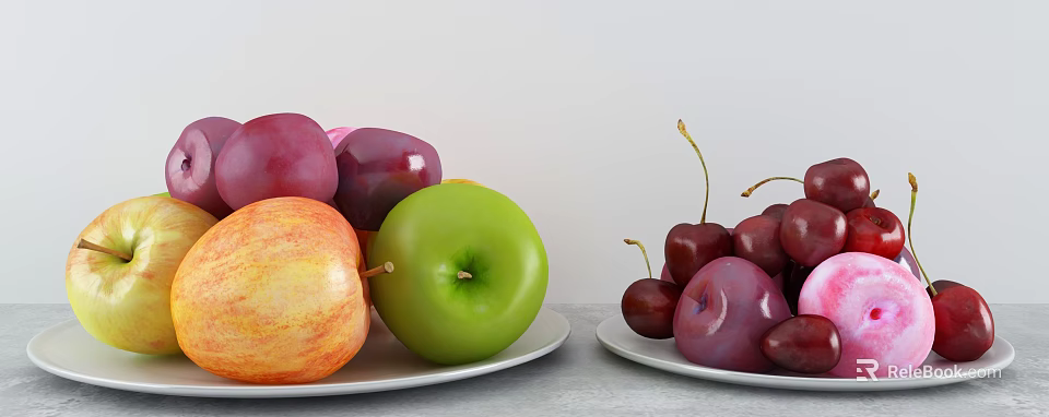 Fresh Assorted Fruits Including Green Apple Orange Apple Purple Plums And Cherries On White Plates 3d model 