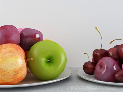 Fresh Assorted Fruits Including Green Apple Orange Apple Purple Plums And Cherries On White Plates 3d model