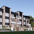 Modern Townhouse Exterior Design With Stone Facade Multiple Balconies Large Windows And Green Lawn