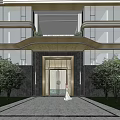 Modern Residential Building Entrance With Glass Door Marble Pavement And Trees