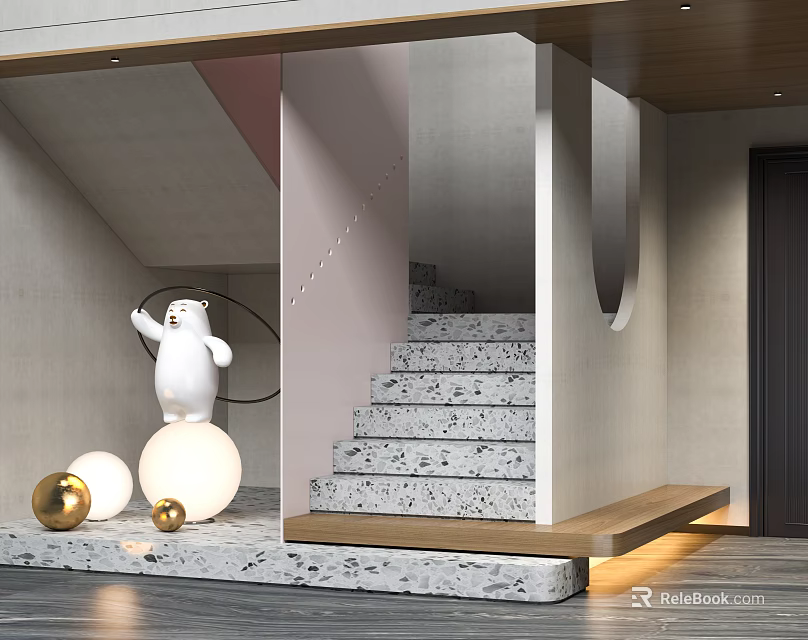 Minimalist Modern Interior Staircase With White Stuffed Bear Speckled Steps And Sphere Lamps 3d model 