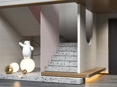 Minimalist Modern Interior Staircase With White Stuffed Bear Speckled Steps And Sphere Lamps 3d model
