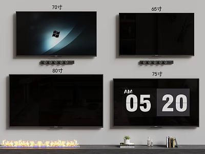 Different Size TVs Including 65 70 75 and 80 Inch Screens on Wall Mounts 3d model
