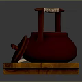 Red Teapot With Woven Handle On Wooden Tray And Open Lid With Tea Scoop