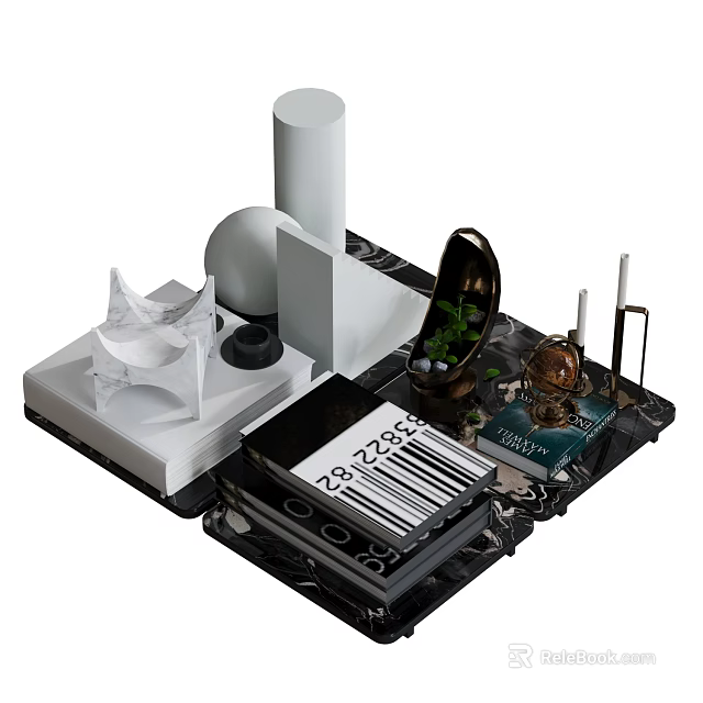 Modern Decorative Ornament Set With Geometric Shapes Black Books And Metal Accents On White Base 3d model 