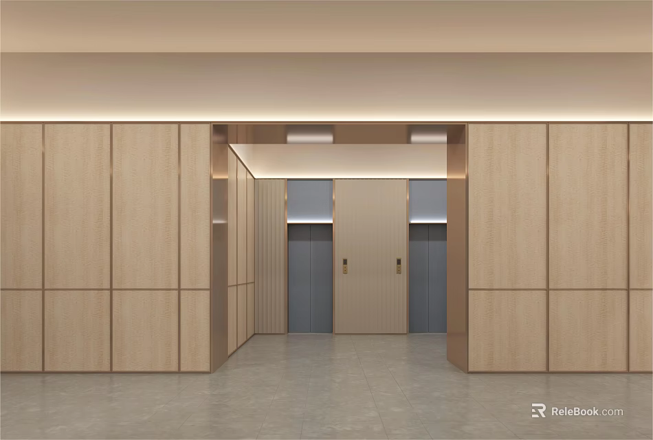 Modern Hotel Elevator Lobby Interior With Wooden Panel Walls And Elevator Doors 3d model 