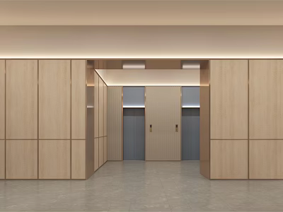 Modern Hotel Elevator Lobby Interior With Wooden Panel Walls And Elevator Doors 3d model