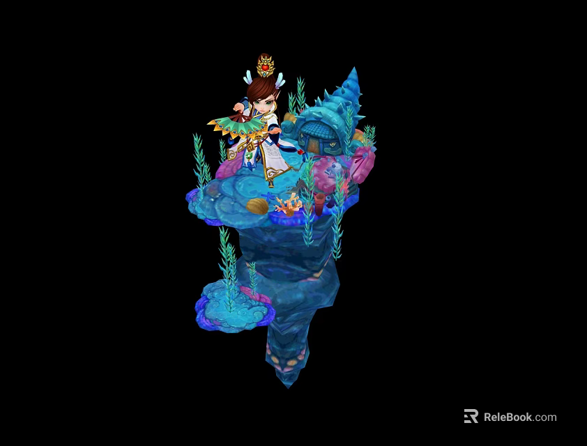 Fantasy Game Character Wearing Crown Holding Weapon On Floating Rock Platform With Coral Seaweed Decorations 3d model 