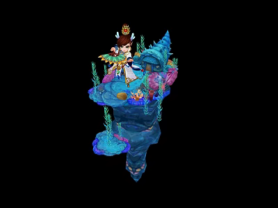 Fantasy Game Character Wearing Crown Holding Weapon On Floating Rock Platform With Coral Seaweed Decorations 3d model