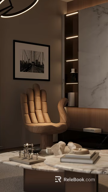 Modern Living Room With Wooden Hand Shaped Chair And Marble Decorative Panel 3d model 