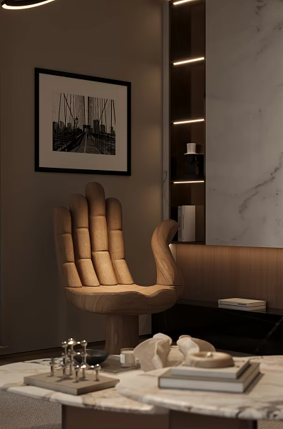 Modern Living Room With Wooden Hand Shaped Chair And Marble Decorative Panel 3d model