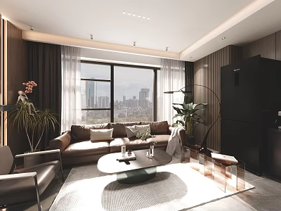 Modern Living Dining Area Interior with Sofa Coffee Table Floor to Ceiling Windows City View and Plants 3d model