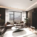 Modern Living Dining Area Interior with Sofa Coffee Table Floor to Ceiling Windows City View and Plants
