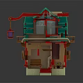 Cartoon Style House With Green Roof Red Accents And Pink Lantern On Green Grass