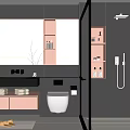 Modern Bathroom Interior Design With Vanity Mirror Glass Shower Toilet And Storage Shelves