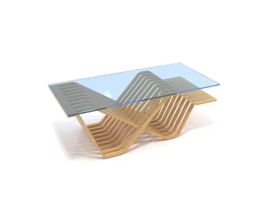 Modern Coffee Table With Glass Top And Wavy Wooden Base Structure 3d model