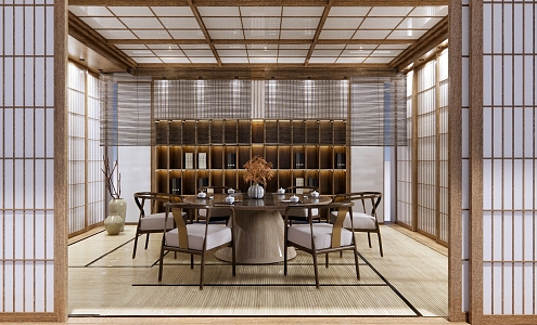 New Chinese-style private room Zen box catering private room hotel restaurant private room round dining table dining table and chair combination background wall 3d model