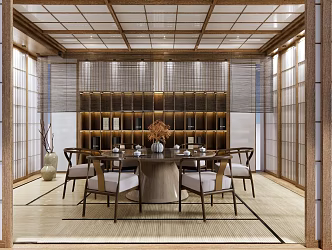 New Chinese-style private room Zen box catering private room hotel restaurant private room round dining table dining table and chair combination background wall 3d model
