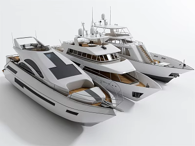 Three White Luxury Yachts Displayed Side by Side in Marine Exhibition 3d model