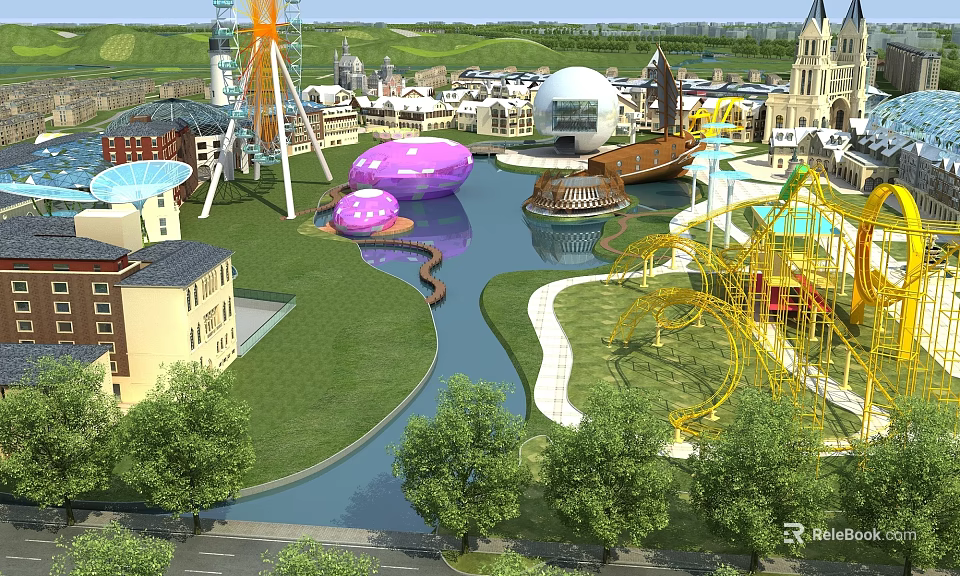 Scenic Amusement Park Featuring Ferris Wheel Purple Egg Structures River Roller Coaster And Green Lawns 3d model 