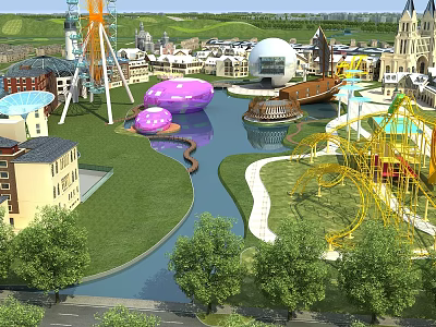 Scenic Amusement Park Featuring Ferris Wheel Purple Egg Structures River Roller Coaster And Green Lawns 3d model