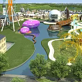 Scenic Amusement Park Featuring Ferris Wheel Purple Egg Structures River Roller Coaster And Green Lawns