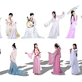 Group of Women in Traditional Ancient Chinese Costumes Dancing and Playing Instruments