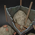 3D Model of Damaged Stone Container With Wooden Supports And Scattered Rocks