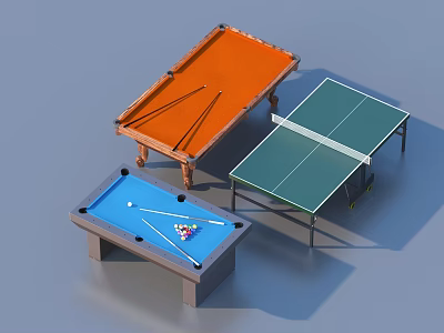 Sports Equipment Featuring Orange Blue Billiard Tables And Green Ping Pong Table With Cues 3d model
