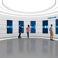 Modern Exhibition Showroom With Interactive Blue Screens White Curved Walls And Visitors Engaging