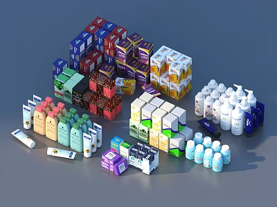 Essential Daily Living Products With Colorful Packaged Boxes Bottles And Jars 3d model