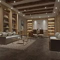 Elegant Office Interior With Wooden Bookshelves Sofas Office Desk Chairs Rug Ceiling Beams And Lighting