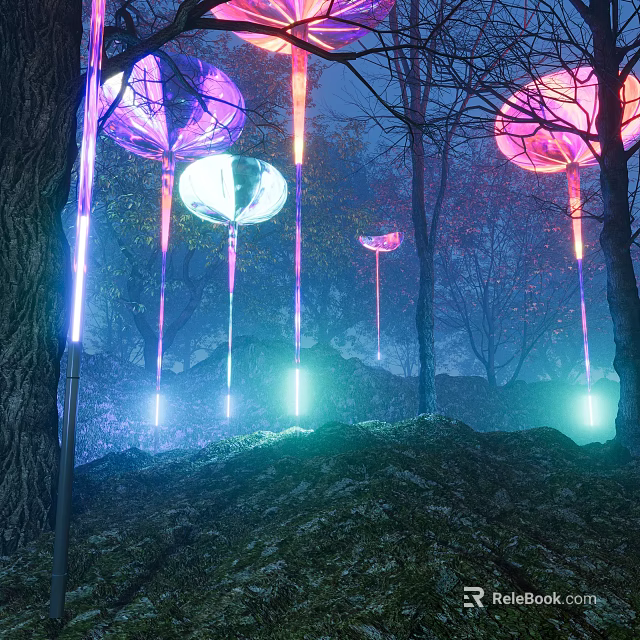 Outdoor Lights with Purple Pink Spherical Lamps and Illuminated Poles in Misty Night Forest 3d model 