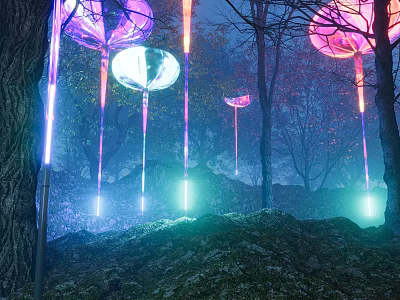 Outdoor Lights with Purple Pink Spherical Lamps and Illuminated Poles in Misty Night Forest 3d model