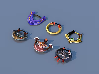 Various Designed Weapon Accessories With Purple Gold Black Colors And Decorative Shapes 3d model