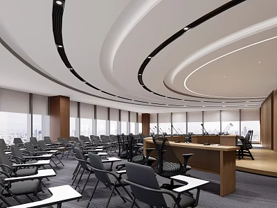 Modern Conference Room Interior Design With Curved Ceiling Arranged Tables And Large Windows 3d model