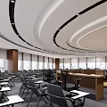 Modern Conference Room Interior Design With Curved Ceiling Arranged Tables And Large Windows