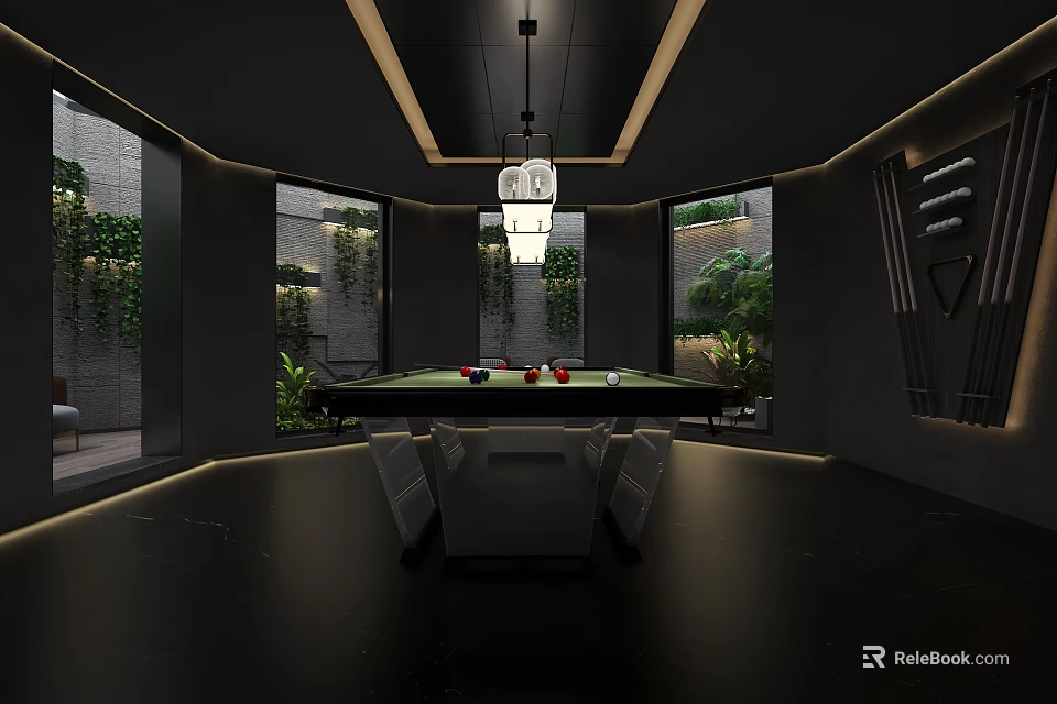 Modern Billiard Room Interior With Hanging Chandelier Green Plants Billiard Table And Windows 3d model 