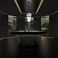 Modern Billiard Room Interior With Hanging Chandelier Green Plants Billiard Table And Windows