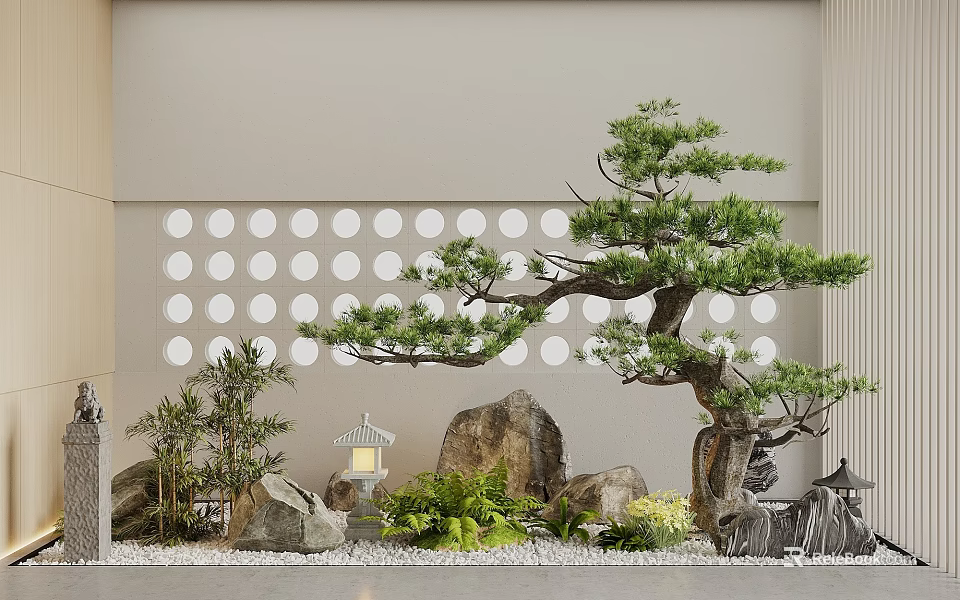 Japanese Style Garden Ornament with Bonsai Pine Tree Stones and Lantern Near Circular Perforated Wall 3d model 