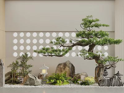 Japanese Style Garden Ornament with Bonsai Pine Tree Stones and Lantern Near Circular Perforated Wall 3d model