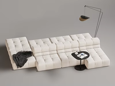 White Plush Sectional Sofa With Black Blanket Small Round Table And Floor Lamp 3d model