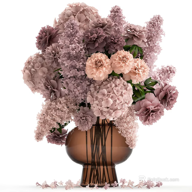 Beautiful Purple Pink Flower Arrangement In Brown Glass Vase With Hydrangea Carnation 3d model 