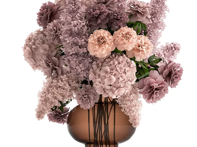 Beautiful Purple Pink Flower Arrangement In Brown Glass Vase With Hydrangea Carnation 3d model